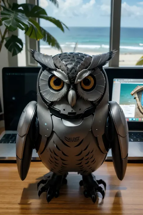 close-up of a hi tech owl, made of computer parts, 3d and ultrarealistic, sitting using a macbook pro, in the background a window, where you can see a tropical beach in Brazil