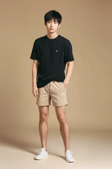 (super sharp focus), (hairy legs), hairy legs, toned legs, whole body, two block, messy short hair, long legs, 27 year old Japanese male, wearing beige shorts, wearing a black T-shirt, very short hair, black hair