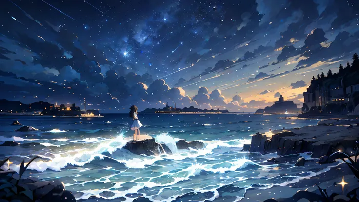 beautiful anime scenery,seaside,full of stars,1 girl,砂浜の近くに立one少女,gaze at the stars,a little rocky area,light wind,france, big s...