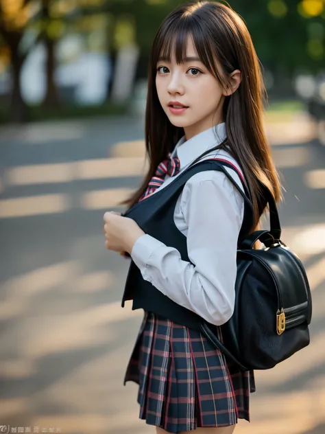 1girl, petite , huge tit , blond eyes, dark brown hair, long hair , hair spread out, streaked hair , swept bangs, hair flaps , Joyful, nose blush , , from side, school uniform , black  vest , fishnet tights, school bag, extremely quality extremely detailed...