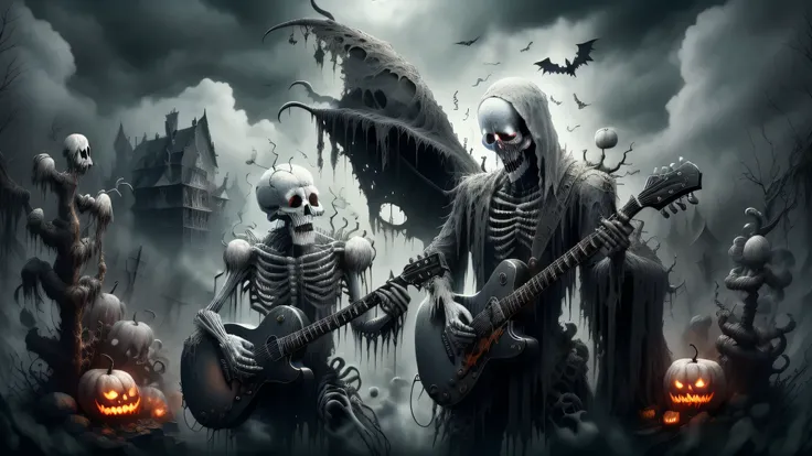 hwespectral, skeleton playing electric guitar, trapos longos e esfarrapados, fantasia negra, horror, sombrio, mist, mist, ethere...