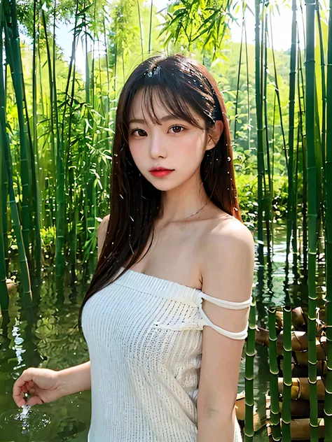 negative space, shuimobysim, girl, woman,bare shoulders, (ecchi0.5), lips, water splash, (trees:0.5), (flowers:0.6) ,(birds:0.2), (bamboo0.1), lakes, Hangzhou, bonian, bonian in background   