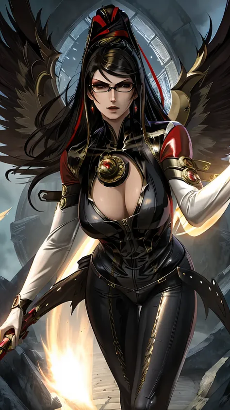 bayonetta, detailed portrait, powerful and action-packed character, witch, leather costume, red and dark hair, fierce expression...