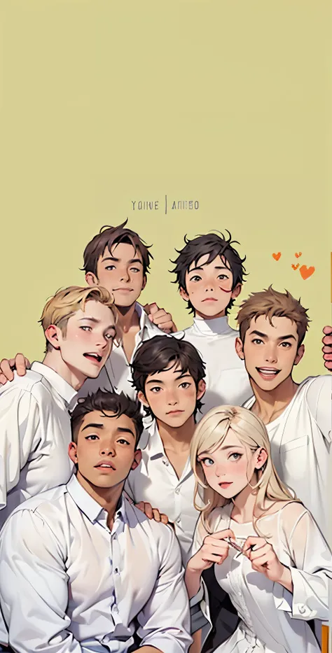 Mejor calidad, Obra maestra, weebtoon comic style there are 7 boys and a 16 year old girl, 8K, de secundaria cabellos de color gris y violeta  y naranja estan sonrriendo contentos