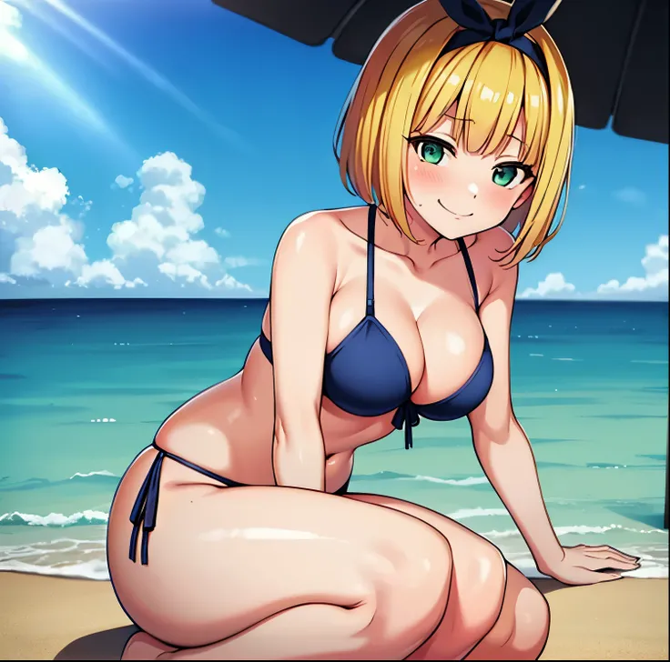 1girl, Alone, shushu suruga, short blonde hair, green eyes, masterpiece, best quality, absurd, bob cut, black headband, dark blue bikini, cleavage, navy blue bra, navy blue thong, beach, sea, sitting on the sand , sunny, embarrassed, smiling, mouth closed,...