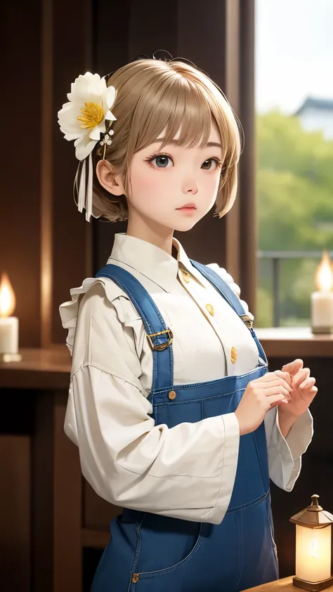 dark room、Girl Looking Sideways、Landscape、An ennui look、(((Blurry overall:1.2)))、pale colors、A mysterious space、big flower hair ornament、white flower hair ornament、beige hair、cute face、small breasts、medieval white shirt、blue apron、(((Increased depth of fie...