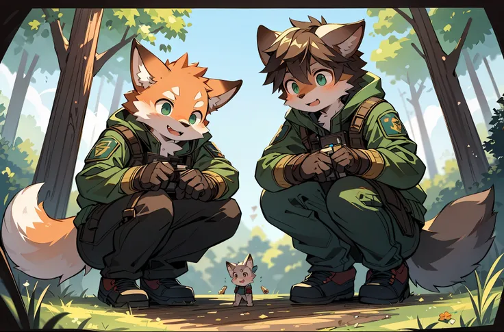 frame of trading card, UI Marks on the upper right and left bottom of the cygames style card.dark and green tone. 14 years old small anthro kemono fox Scout is crouching behind a tree and aiming his sniper rifle at a distant target. He is dressed in a camo...