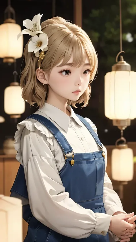 (((dark room)))、Girl Looking Sideways:1.2、Landscape:1.2、An ennui look、(((Blurry overall:1.2)))、pale colors、A mysterious space、big flower hair ornament、white flower hair ornament、beige hair、cute face、small breasts、medieval white shirt、blue apron、(((Increase...