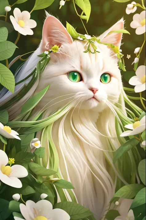 long hair cat，white cat，Beautiful，2.5D，8k high quality detailed art，dream art style，Fantasy illustration，forest background，Flower sea decoration，Close-up of cat wearing flower headdress，gorgeous，Green dominant color