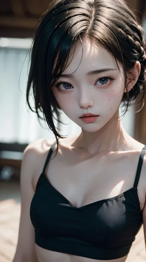 (masterpiece, best quality, beautiful girl, pretty face:1.2), (close face:1.1), 8k, official art, original photo, Ridiculous, crop top, looking at the audience, thin and long, teenager, face light, film grain, Color difference, sharp focus, Dynamic lightin...