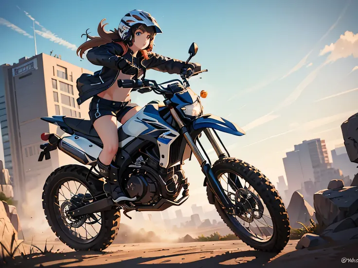 highest quality, 8k, masterpiece,(1 girl 1.5), (wearing a half helmet, Jacket, and shorts), (Riding an off-road bike),