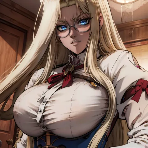 integra hellsing, detailed face, long blode hair, breasts, large breasts, breast focus