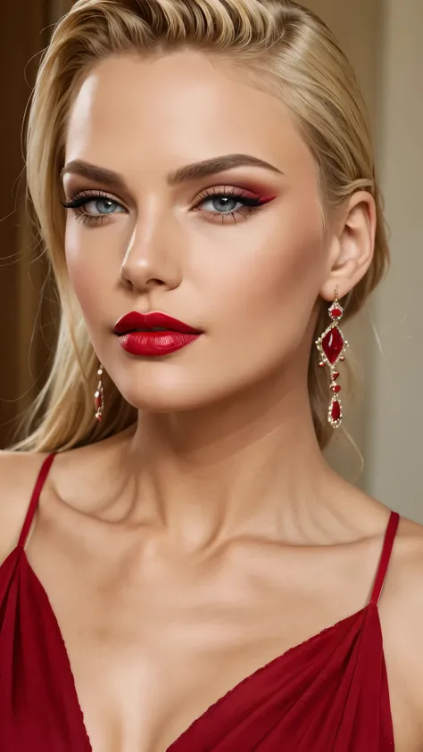 Red make-up,  red lipstick, slicked back Blond hair, Detailed Face, Detailed Lips, Detailed Eyes, 