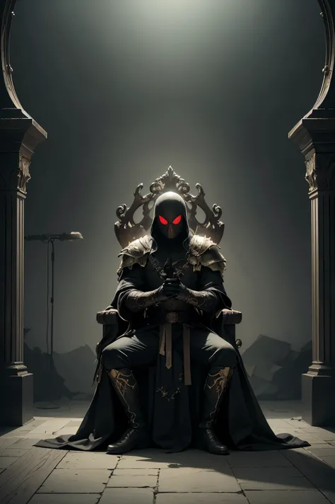 sitting on the throne, king of the dead with a crown of bones, black web robe, web, spiders on armor, with a black blade in his ...