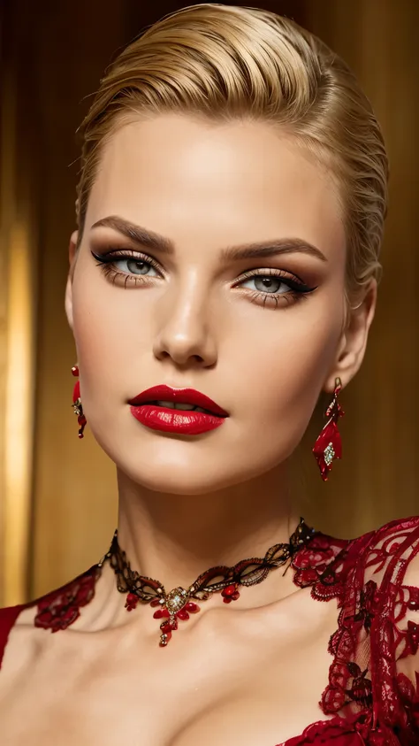 red make-up,  red lipstick, slicked back blond hair, detailed face, detailed lips, detailed eyes,