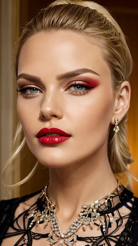 red make-up,  red lipstick, slicked back blond hair, detailed face, detailed lips, detailed eyes,