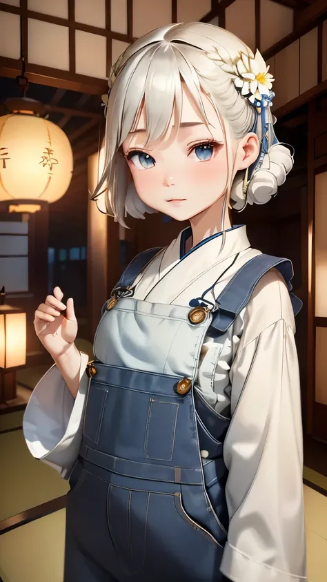 (((dark room)))、Girl Looking Sideways:1.2、Landscape:1.2、An ennui look、(((Blurry overall:1.2)))、pale colors、A mysterious space、big flower hair ornament、white flower hair ornament、beige hair、cute face、small breasts、medieval white shirt、blue apron、(((Increase...