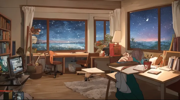 beautiful night scenery、inside the room、study、working。quiet environment、Anime-like room