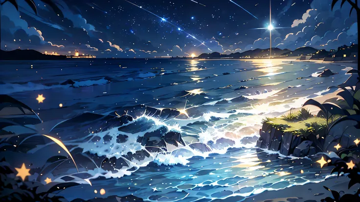beautiful anime scenery,seaside,full of stars,,砂浜の近くに立One少女,Girl Looking At The Stars,a little rocky area,light wind,France, big shining star3One,night, shooting star,moonlight,water surface of the moon,hand drawn illustration