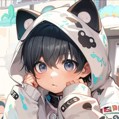 Shota，Shota，Shota，Wearing a panda suit、black pupils，Anime boy wearing panda hat, guweiz style artwork, anime style. 8k, guweiz, Cute anime cat man, high quality anime art style, pixiv style, Detailed digital animation art, Highest rated on pixiv, Lovely an...