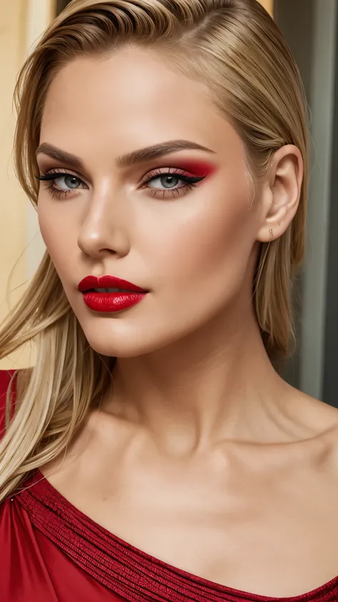 red make-up,  red lipstick, slicked back blond hair, detailed face, detailed lips, detailed eyes,