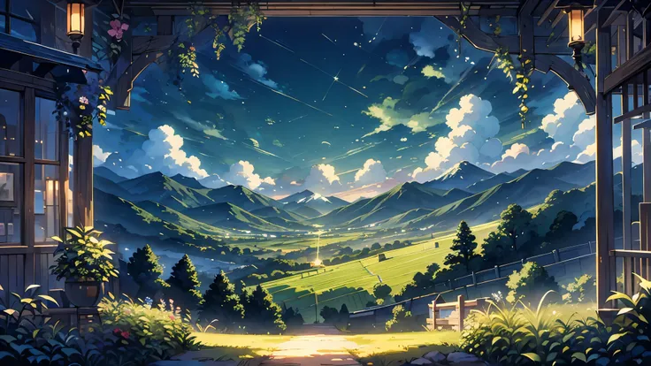 anime style，evening，eveningの空，mountains，surrounded by clouds，green meadow and forest，beautiful sky，beautiful scenery