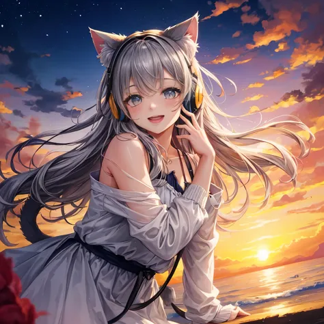 masterpiece, highest quality, movie stills, 1 girl, Cloud Girl, floating in the sky, close, bright, Happy, warm and soft lighting, sunset, (spark:0.7)、cat ears、headphone、gray hair、17 year old girl、cute、Glamour、good style、laughter、Plump、Good style、