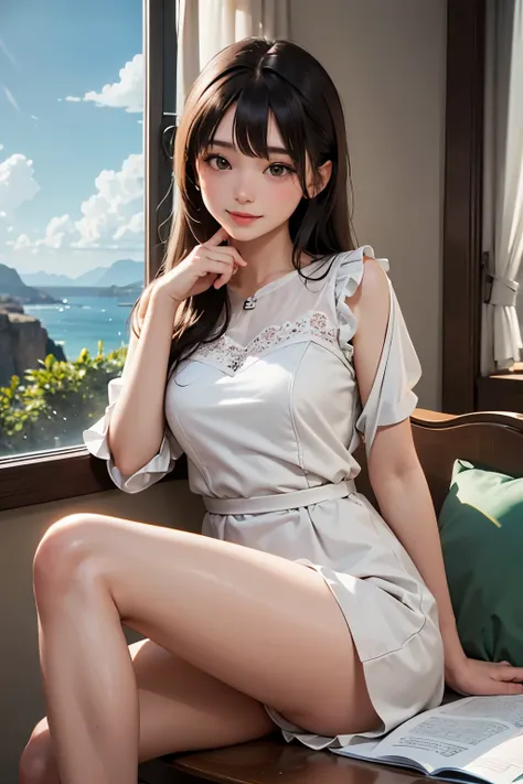 very cute and beautiful girl sitting near window,frilled white summer dress with detailed lace,spread legs,white panties,
(highly detailed beautiful face),antique hotel bedroom with outside view,distant trees and ocean,
(smile:1.2),blush,black hair,
(best ...