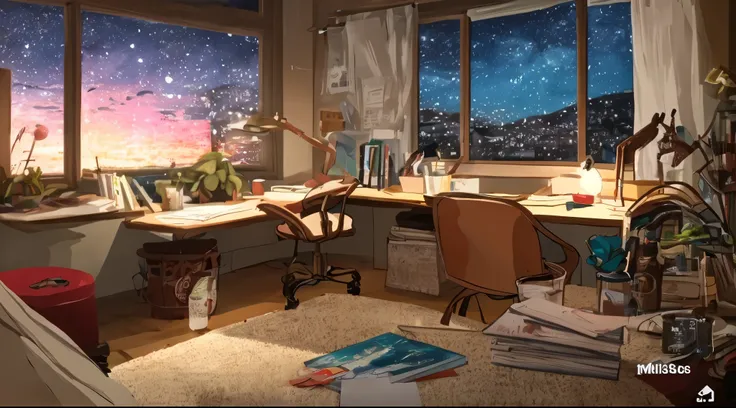 beautiful night scenery、inside the room、study、working。quiet environment、Anime-like room