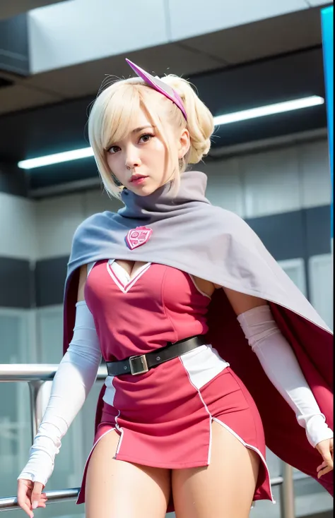 Around 50 wearing a pink dress and a cloak holding a sword, Science Ninja Corps、Jun、Portrait of a modern dharna, As a retro-futuristic heroine, cosplay photo, cosplayer, professional cosplay, publicity cosplay, echo from overwatch, power girl, As an Overwa...