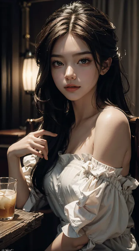 best quality, masterpiece, ultra high resolution, (lifelike:1.4), original photo, 1 girl, take off shoulders, Cinema lighting