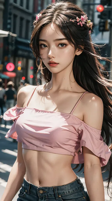 best quality，masterpiece，ultra high resolution，（Fidelity：1.4），original photo，1 girl，brushed eyes，crop top，pink off the shoulder，Light