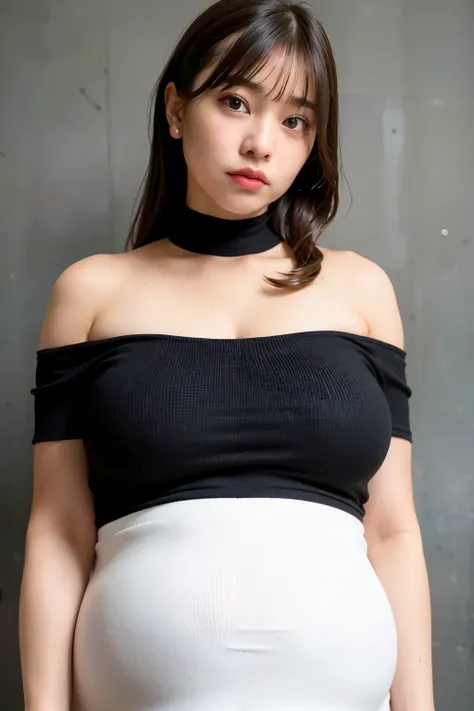 best quality, ultra high res, (photorealistic:1.4), 1girl, 18 year, teen, off-shoulder white shirt, black tight skirt, black choker, (faded ash gray hair:1), (huge breasts:1.2), ((huge pregnant), heavily pregnant, overdue pregnant), looking at viewer, clos...