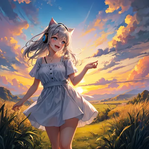 masterpiece, highest quality, movie stills, 1 girl, Cloud Girl, floating in the sky, close, bright, Happy, warm and soft lighting, sunset, (spark:0.7)、cat ears、headphone、gray hair、17 year old girl、cute、Glamour、good style、laughter、Plump、Good style、grassland...