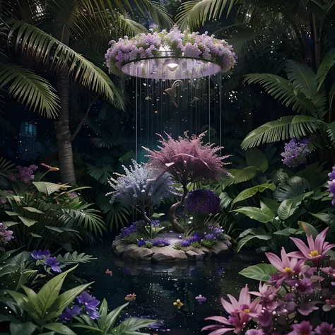 lush plantlife, real, detailed, 8k, high quality, an enchanting and dreamy scene of alien forest, alien flowers, creating a sense of mystique and enchantment, blues and purples, garden, water, flowers, depth of field photorealist, crystals, geodes, floatin...