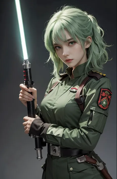 A beautiful woman. Seventeen. Light green hair. She is wearing a combat uniform that is based on red. He holds a light saber in one hand. He has a serious expression on his face.