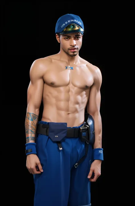 arafed man with a blue baceball hat and a blue baggy pants, male with no shirt, blue pants and black police belt, a black skin man, afroamerican man, handsome hip hop young black man, digital art, detailed digital art, beautiful light, reflective, best qua...