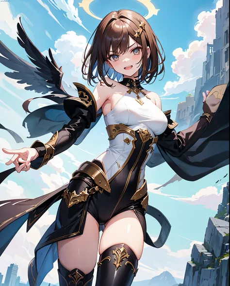 fantasy, 1angel_girl,, ,brown_hair, medium_bob_hair, long_bangs, halo,bare_shoulder,thighhighs,silver_armor, waist_armor, large_breasts,angry,grinning,open_mouth_teeth, 1pair_wings, dynamic_pose_fighting,floating, bare_crotch, headgear,gauntlet, greaves,ci...