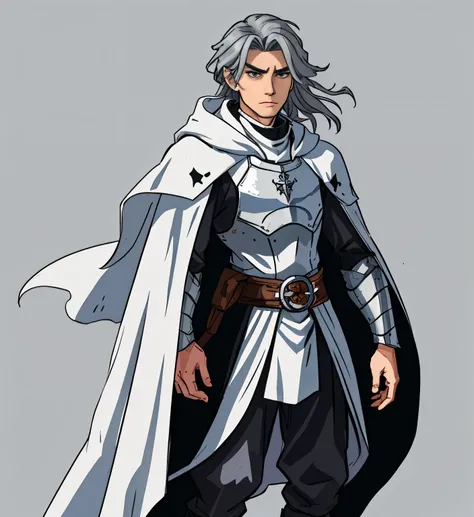 blank background、white knight concept art、western armor、decoration、cloak、gray hair、long hair、youth、male、cool、medieval face、No expression、whole body、頭からto the toes描画、to the toes