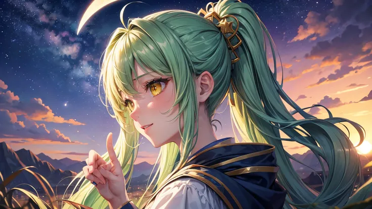 (perfect anatomy, masterpiece:1.2, best quality, 8k, beautiful detailed grow, daydreaming expression), break, panoramic-view ((beautiful night sky starry:1.2 sky and half moon)) in the hill, (solo ponytail green hair long hair cute girl, 14 yo, detailed ye...