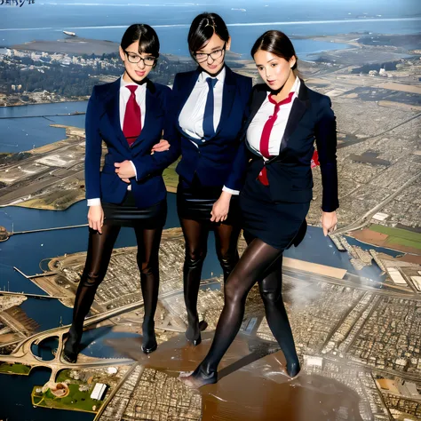 multiple girls, Giantの芸術, 非常に詳細なGiantショット, Giant, short hair, A high school girl who is much bigger than a skyscraper, wearing rimless glasses, big breasts, big ass, navy blue blazer, red tie, mini skirt, black pantyhose, pantyhose barefoot, Steam comes ou...