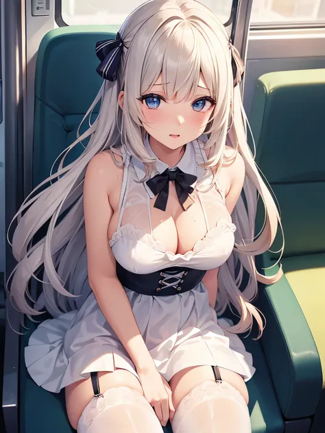 nsfw、sundress、public indecency、masturbation、love juice、novel illustration、textile shading、detailed、story/manga、spoken heart、pigeon toed、bangs、woman、medium breasts、embarrassed、see-through、dynamic lighting、super detailed skin、best quality、on the train、game c...