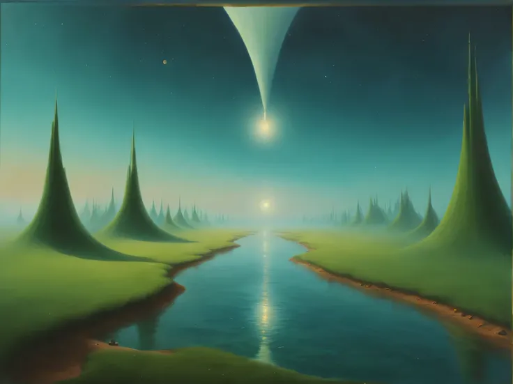 Oil painting on canvas with Optical illusions and effects of visual deception, (outer space with a distant horizon flows down as a dark puddle onto the green grassy landscape of an unknown planet), (Spatial gap in the vertical plane:1.8), (the spiral of sp...