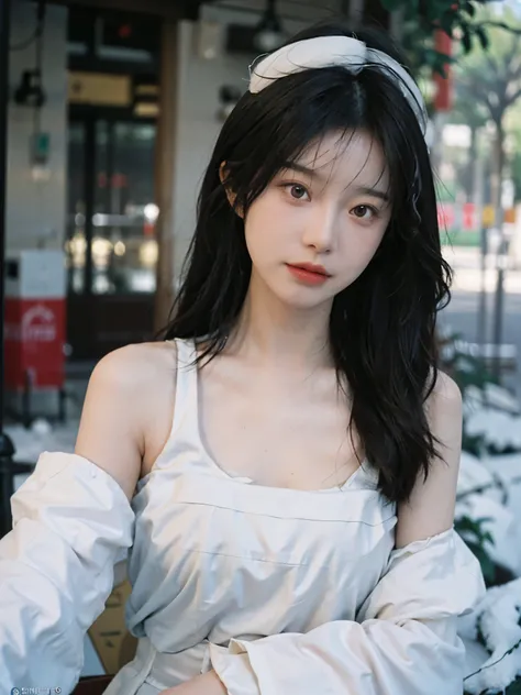 Film portrait photography, 2 girls, 2 girls,twin,bare shoulders, Shoulder length wavy hair, Snow-white cheongsam,(Realistic and detailed eyes, natural skin texture, Realistic facial details),, depth of field, Bokeh, Vibrant details, Detailed and detailed, ...