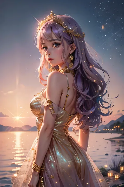 lavender ocean sparkling glittery soft pink and gold sky bokeh dreamy