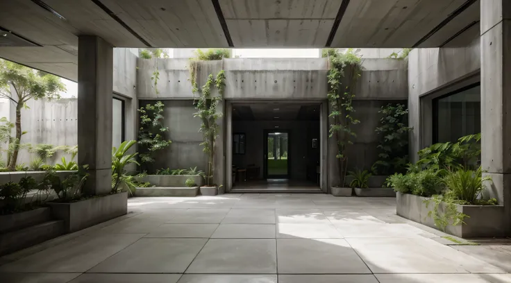 ecobrutalist atrium, greenery, grey cement