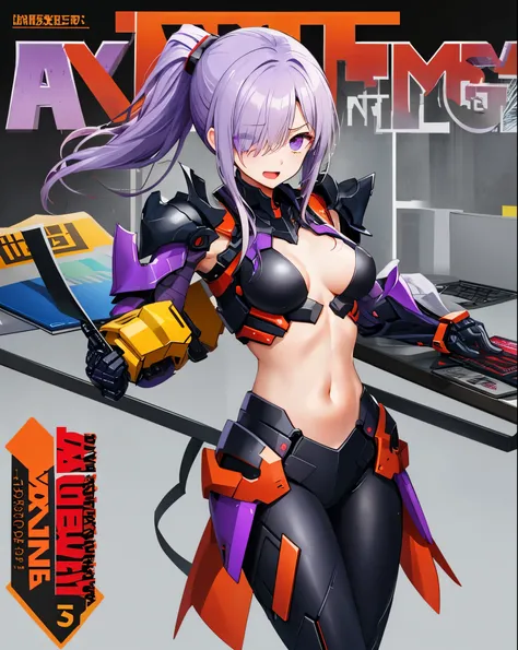 ,1girl,(teen:1.5), (short_ponytail:1.3), (light_whitish_purple_hair:1.3),black_mechanical_armor_parts,white_breasts_parts_red_black_body_suit,bare_shoulder,bare_slender_thighs,medium_breasts,on_the_desk, desk_background,Stinging_eyes,sleepy,thighhigh_greav...