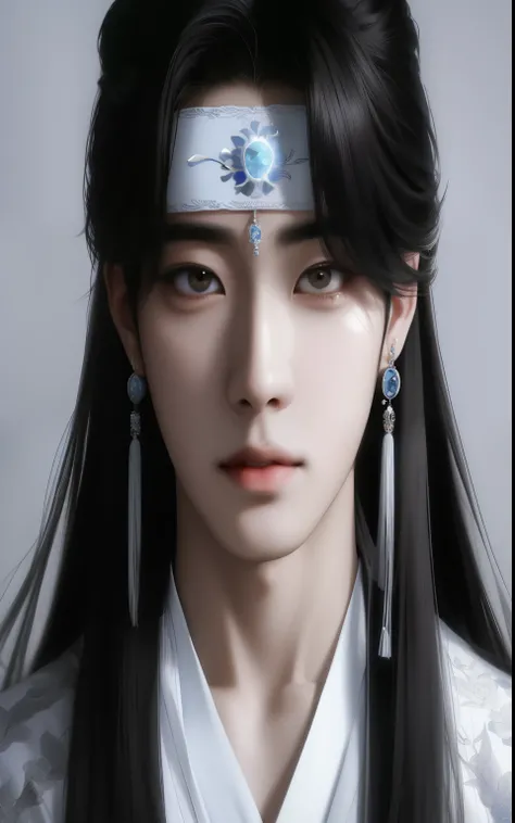 um close de uma mulher com cabelos longos e um vestido branco, cute japanese demon boy, lindo deus masculino da morte, por Yang J, handsome androgynous prince, korean symmetrical face, o olhar penetrante de Yuki Onna, inspirado em Zhang Han, inspirado em W...