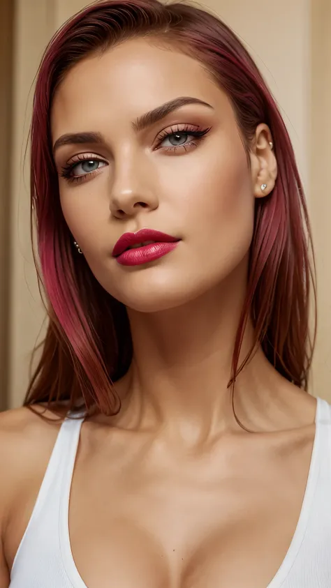 pink make-up,  pink lipstick, slicked back red hair, detailed face, detailed lips, detailed eyes,