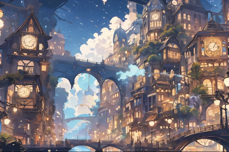 There is a picture of a street，There is a clock tower in the background, A lively magical town, beautiful anime scene, violet evergarden, the most beautiful scene, Works that influenced Gaston Busier, Beautiful peace scene in anime, colorful anime movie ba...